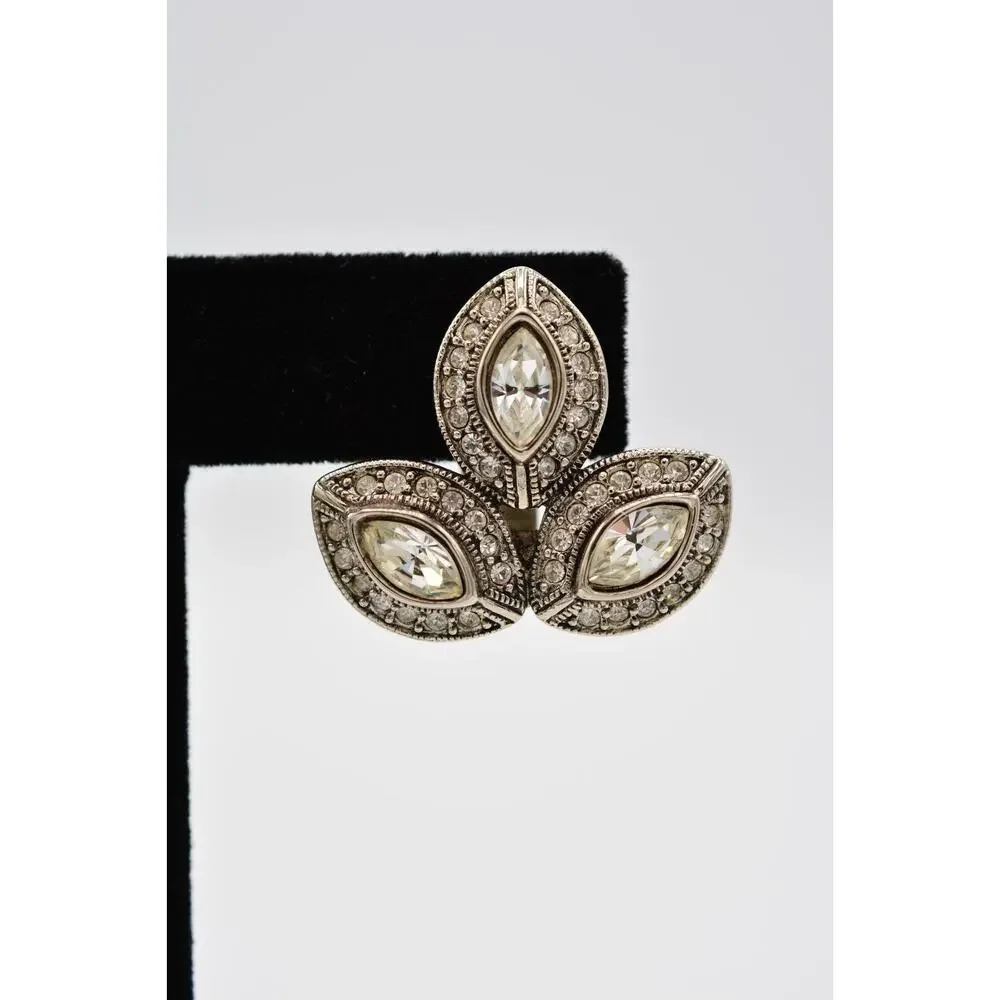 Vintage Crystal Clip On Earrings Shiny Rhinestone Silver Tone Shiny 1980s BinAA